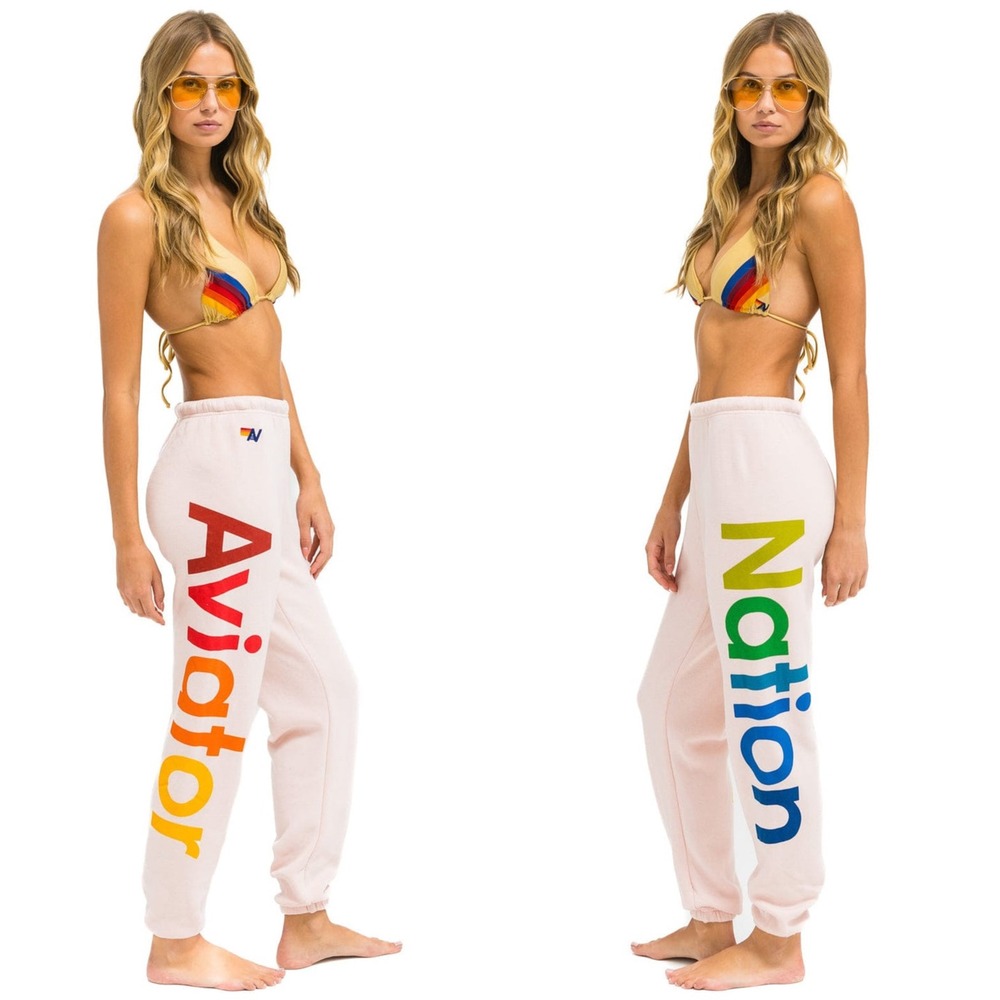 Aviator Nation 2‎ Sweatpants Light Pink Rainbow Logo Joggers Lounge Fleece Small